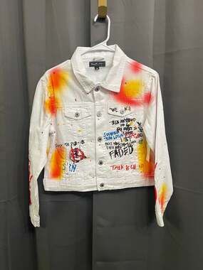 NWT Touch Me White Denim Jacket with Graffiti Print and Paint Splatter Detail M